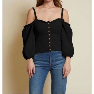 Nation LTD Black Smocked Cold Shoulder Snap Top‎ Size XS